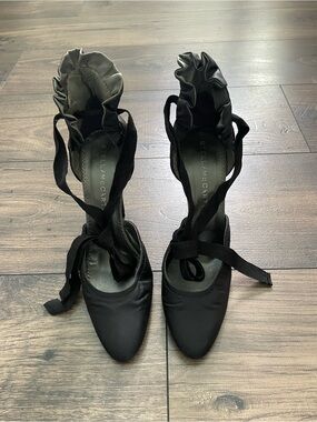 Stella McCartney Black Satin Ruffled Ankle-Tie Heels 37